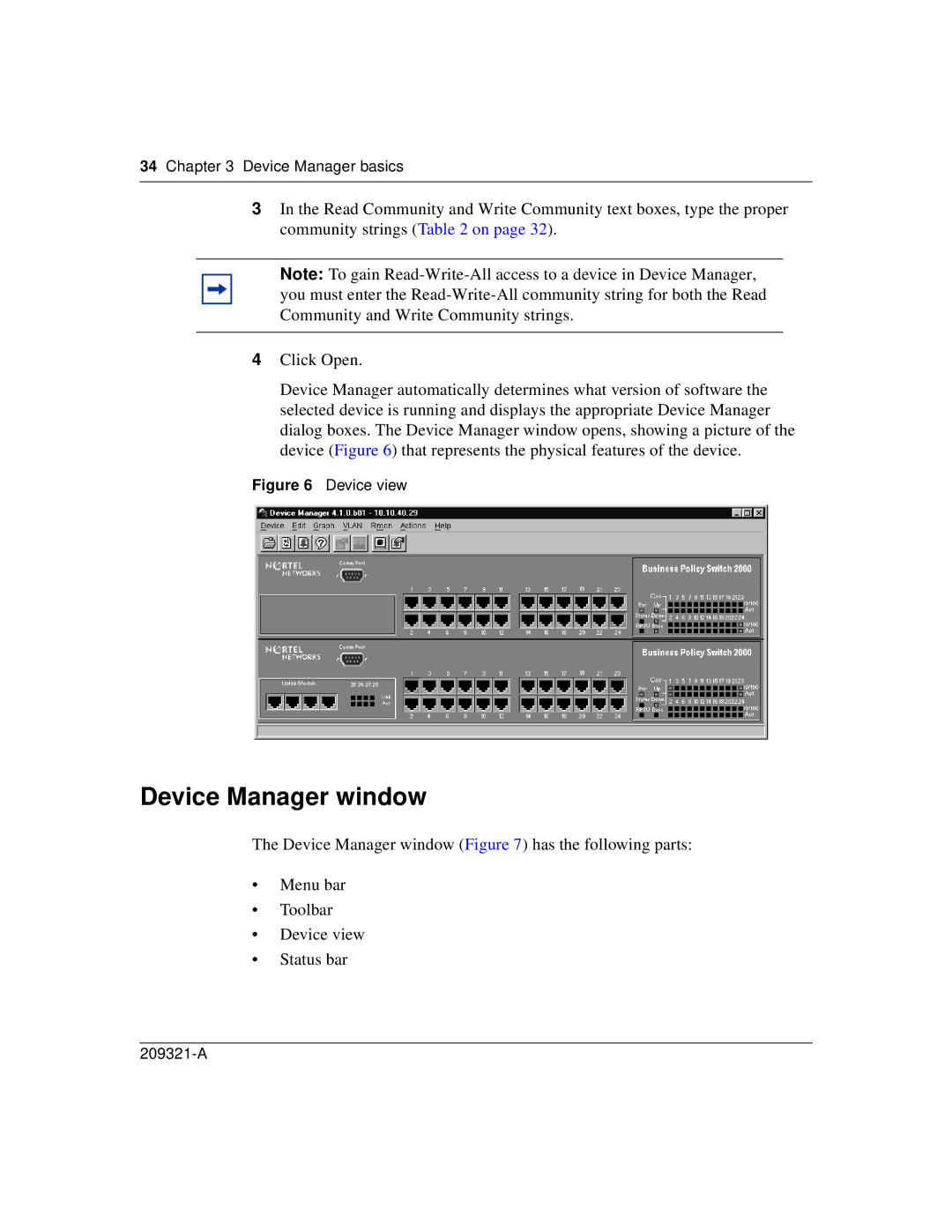 Nortel Networks 209321-A manual Device Manager window, Device view 