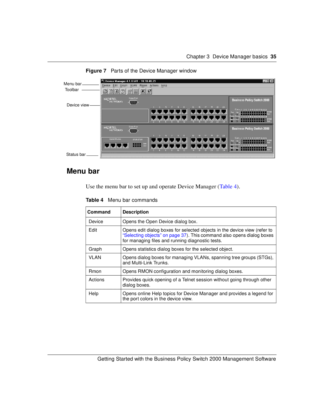 Nortel Networks 209321-A manual Menu bar commands, Command Description 