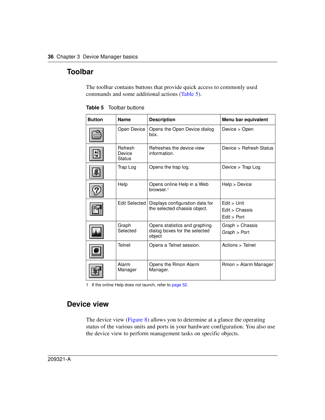 Nortel Networks 209321-A manual Device view, Toolbar buttons, Button Name Description Menu bar equivalent 