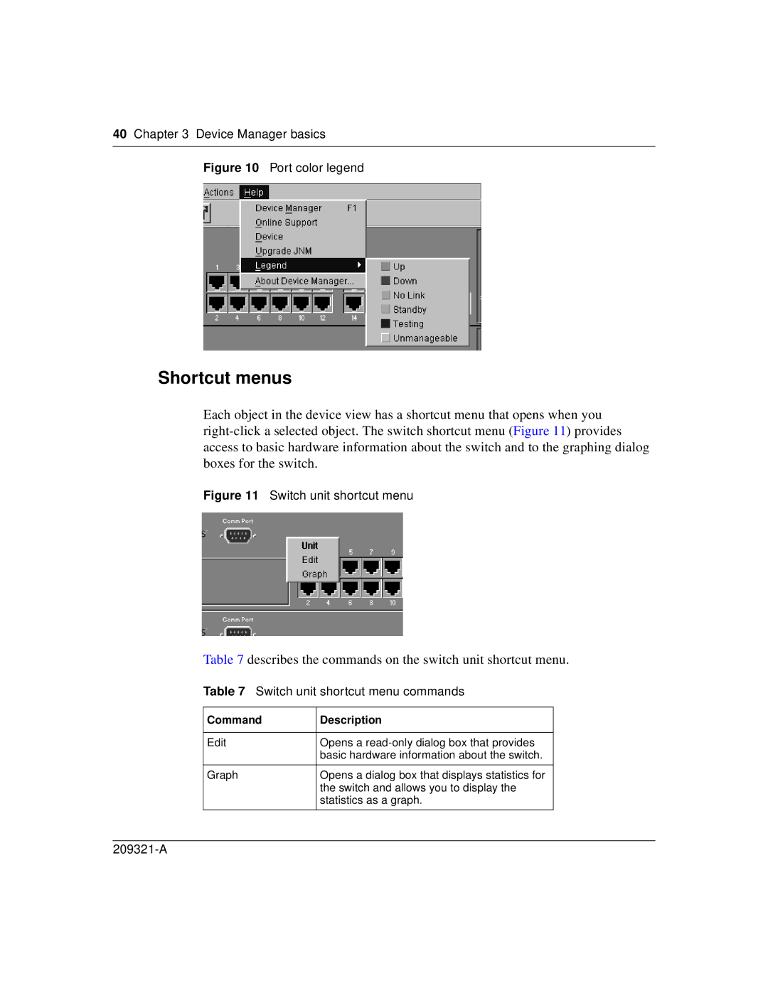 Nortel Networks 209321-A manual Shortcut menus, Switch unit shortcut menu commands 