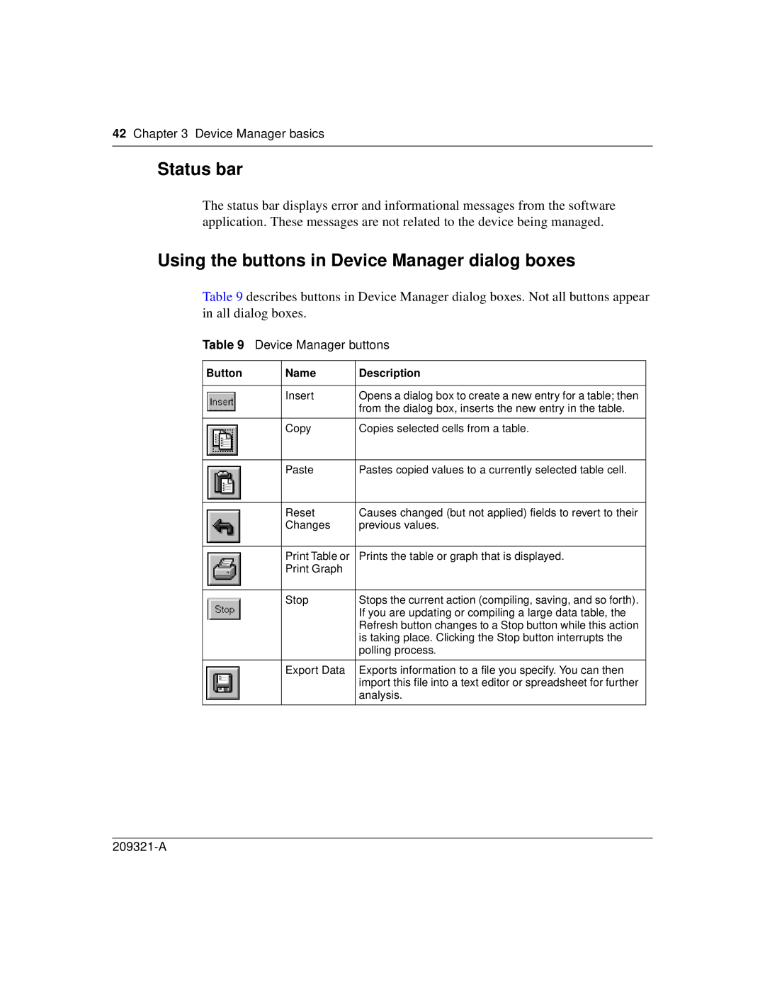 Nortel Networks 209321-A manual Status bar, Using the buttons in Device Manager dialog boxes, Device Manager buttons 