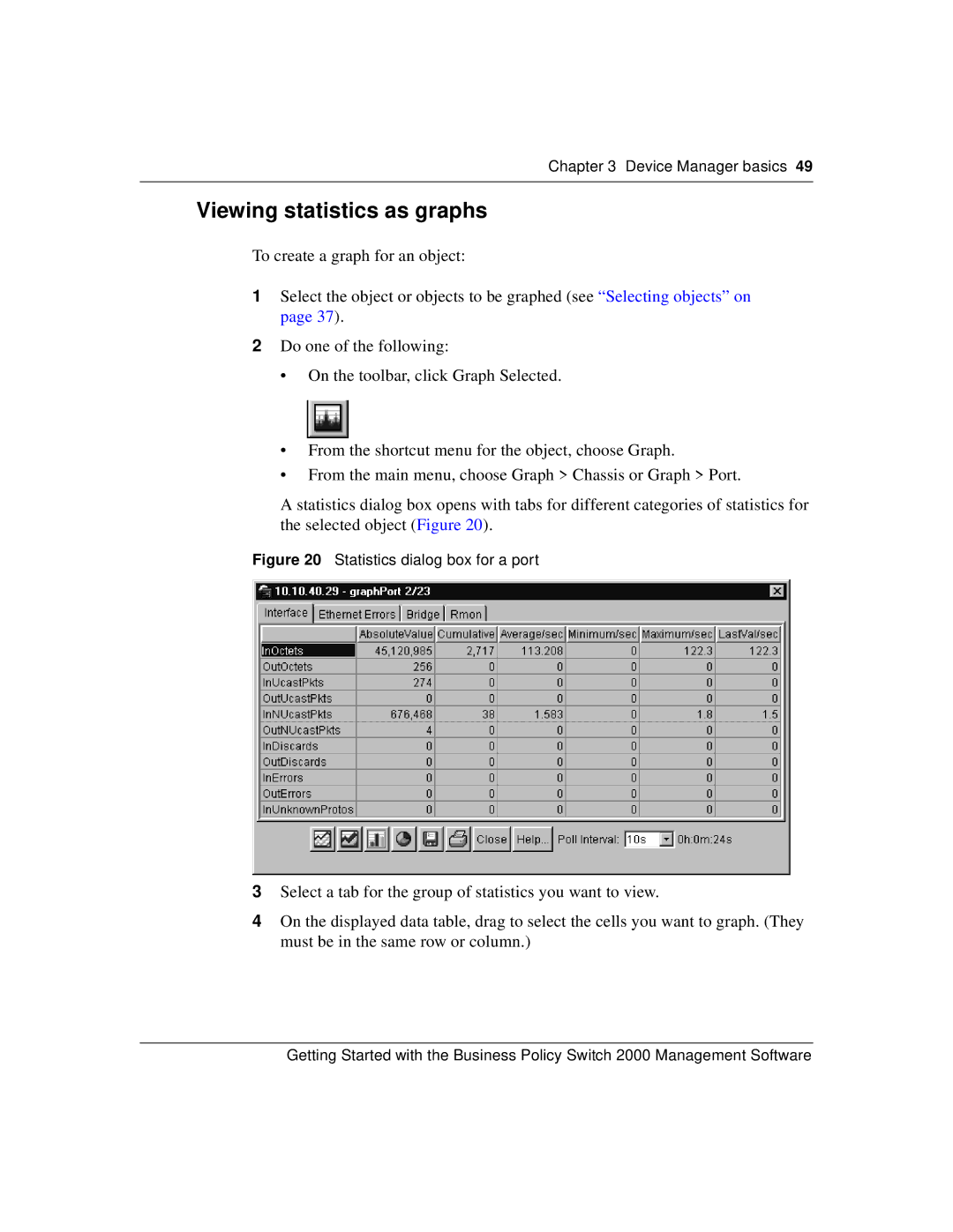 Nortel Networks 209321-A manual Viewing statistics as graphs, Statistics dialog box for a port 