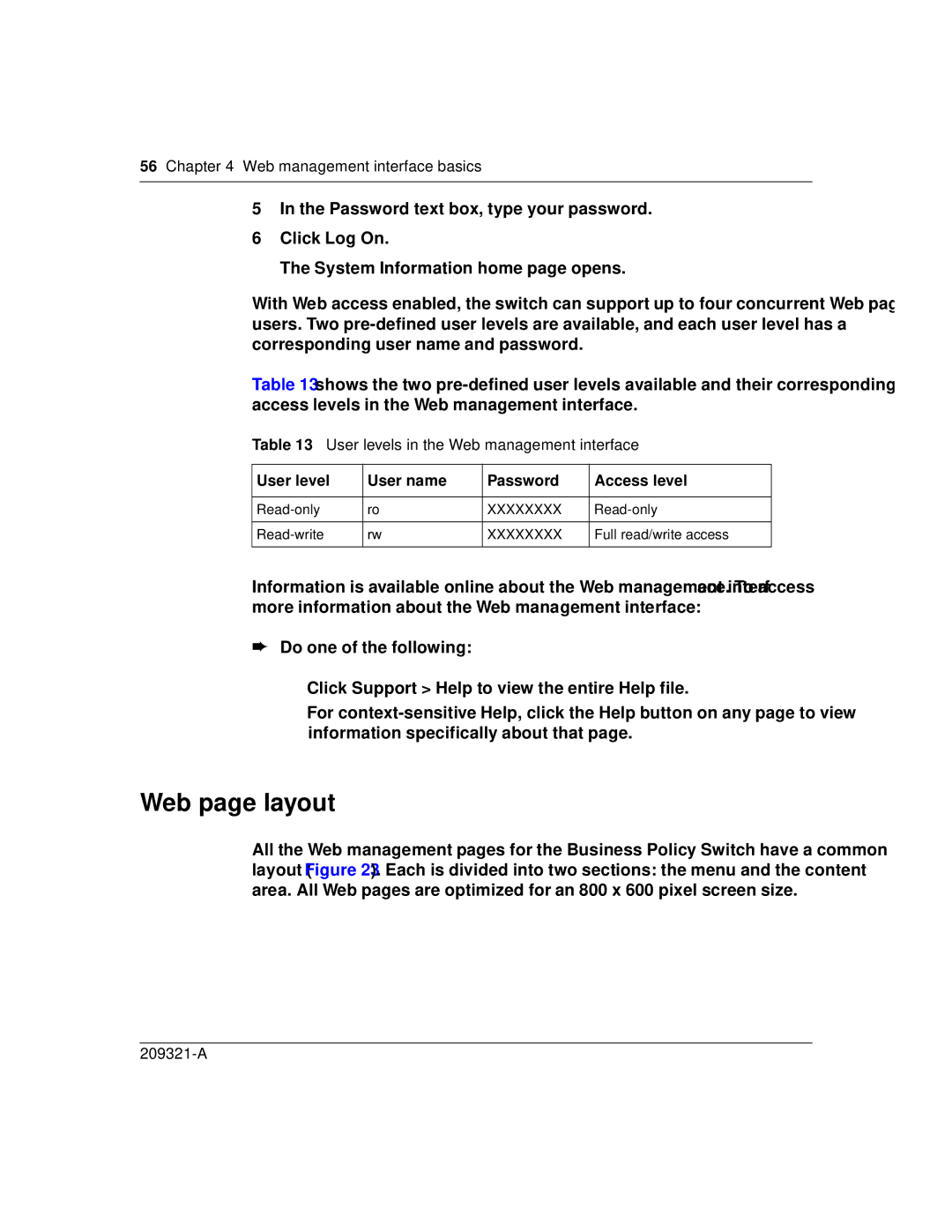 Nortel Networks 209321-A manual Web page layout, User levels in the Web management interface 