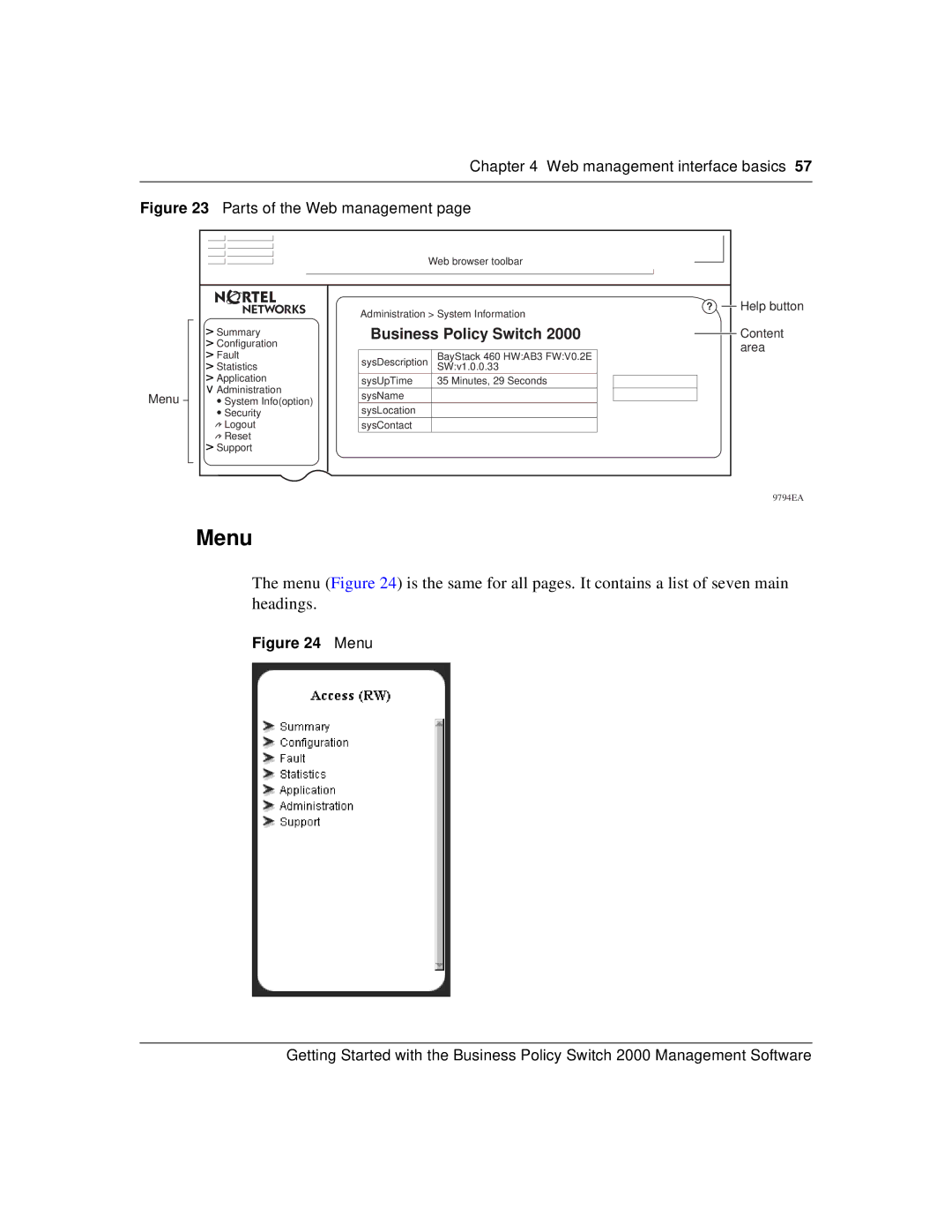 Nortel Networks 209321-A manual Menu, Parts of the Web management 