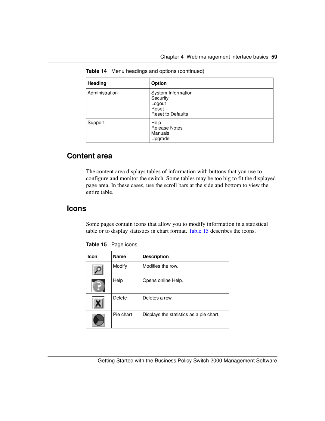 Nortel Networks 209321-A manual Content area, Icons, Web management interface basics Menu headings and options 