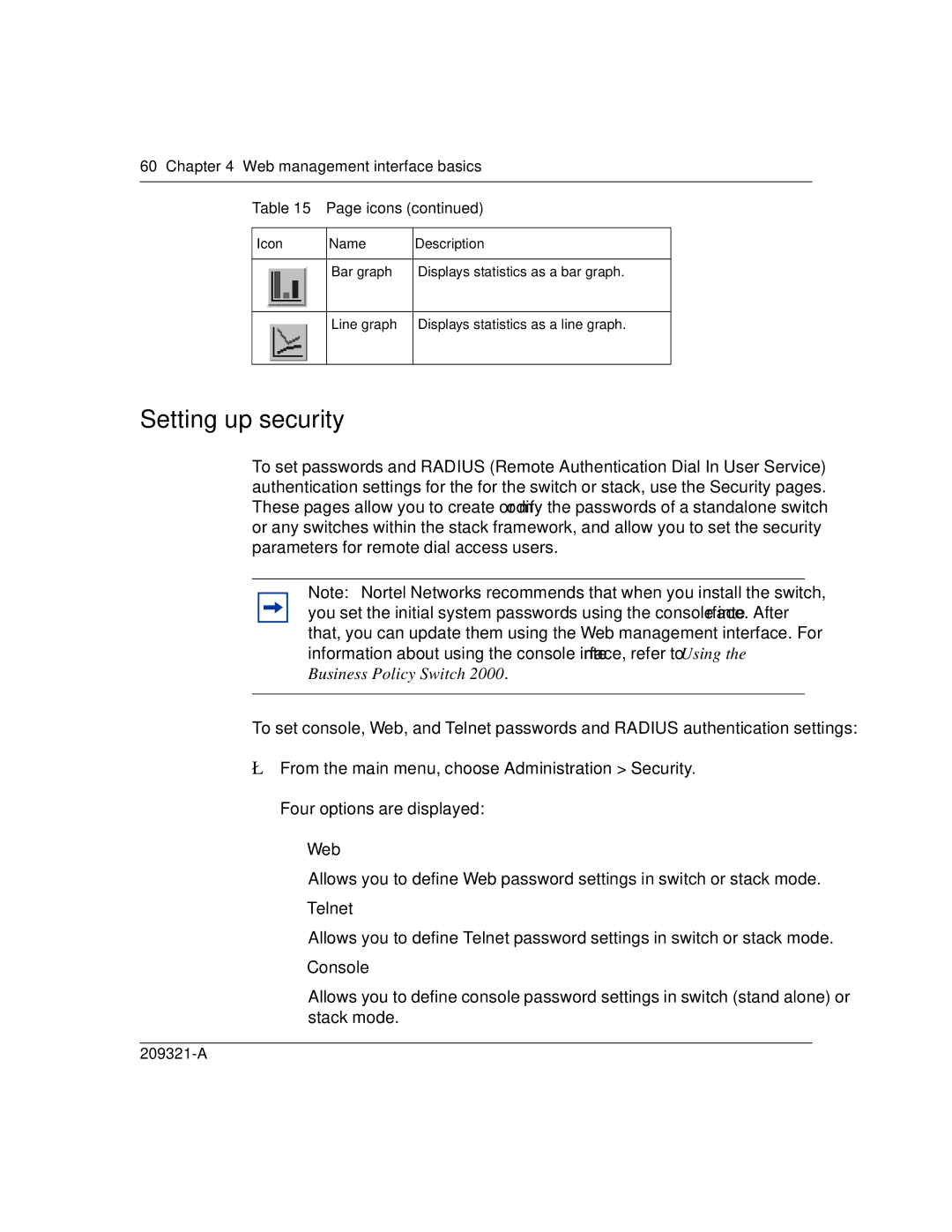 Nortel Networks 209321-A manual Setting up security, Web management interface basics Icons 