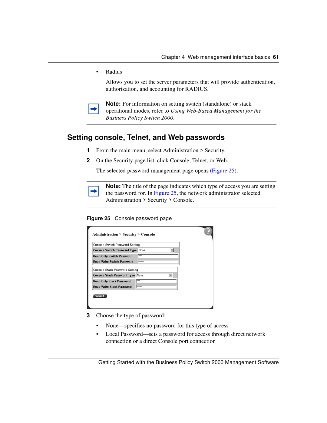 Nortel Networks 209321-A manual Setting console, Telnet, and Web passwords, Console password 