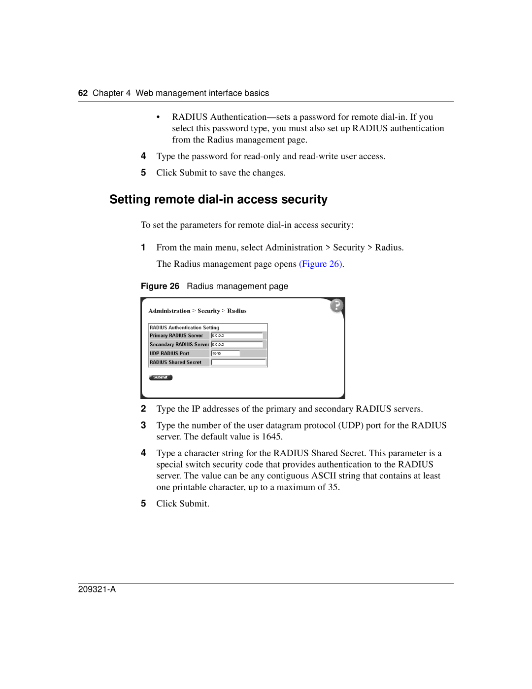 Nortel Networks 209321-A manual Setting remote dial-in access security, Radius management 