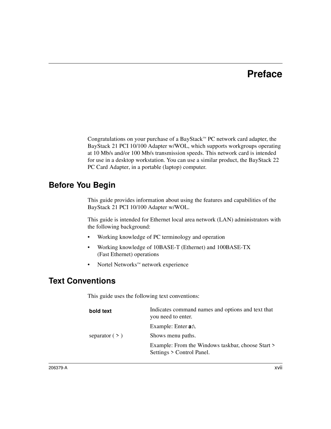 Nortel Networks W/WOL, 21 PCI 10/100 manual Preface, Before You Begin, Text Conventions 