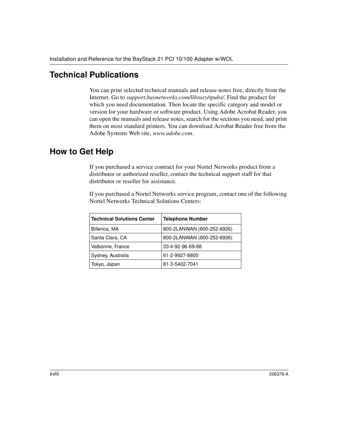 Nortel Networks 21 PCI 10/100, W/WOL Technical Publications How to Get Help, Technical Solutions Center Telephone Number 