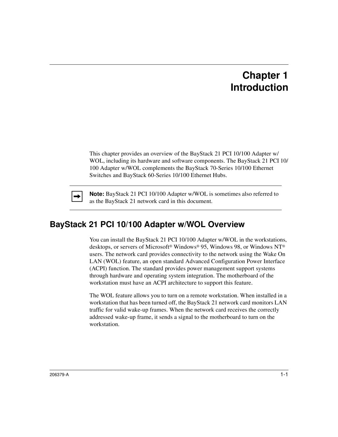 Nortel Networks W/WOL manual Chapter Introduction, BayStack 21 PCI 10/100 Adapter w/WOL Overview 