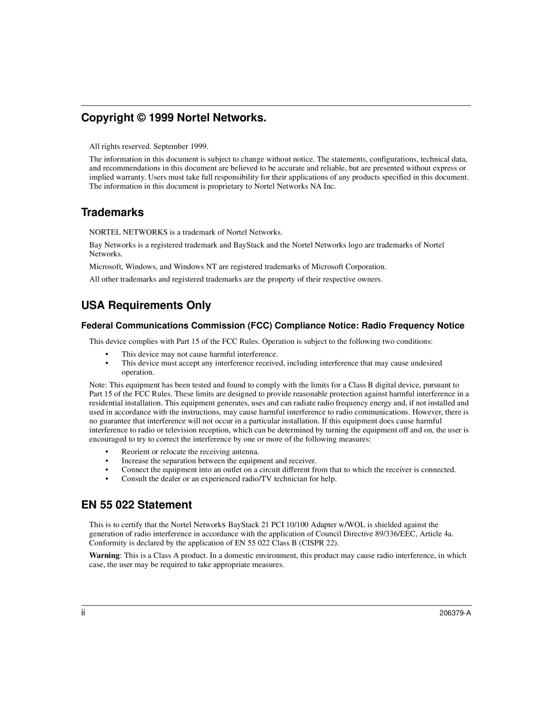 Nortel Networks 21 PCI 10/100 manual Copyright 1999 Nortel Networks, Trademarks, USA Requirements Only, EN 55 022 Statement 