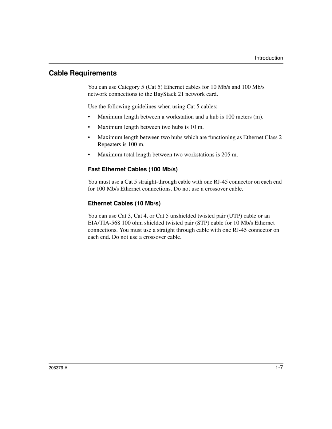 Nortel Networks W/WOL, 21 PCI 10/100 manual Cable Requirements, Fast Ethernet Cables 100 Mb/s, Ethernet Cables 10 Mb/s 