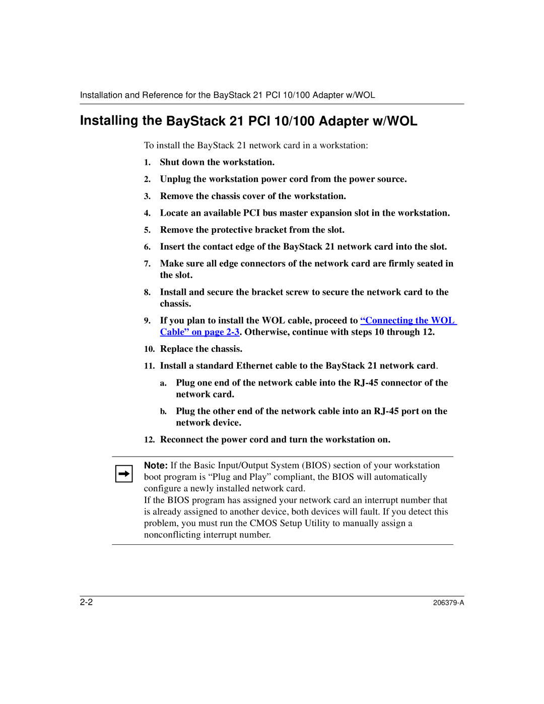 Nortel Networks W/WOL manual Installing the BayStack 21 PCI 10/100 Adapter w/WOL 