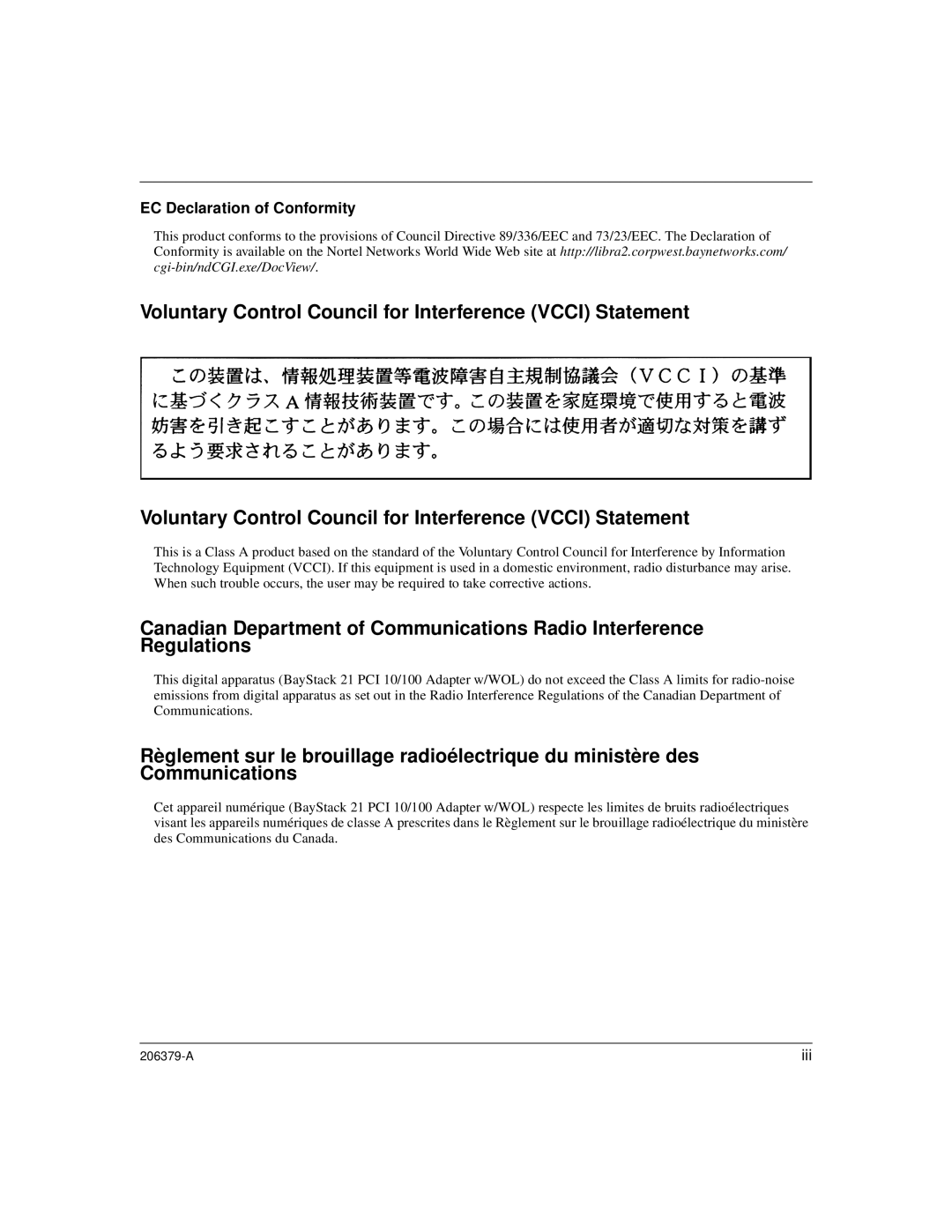 Nortel Networks W/WOL, 21 PCI 10/100 manual Voluntary Control Council for Interference Vcci Statement 