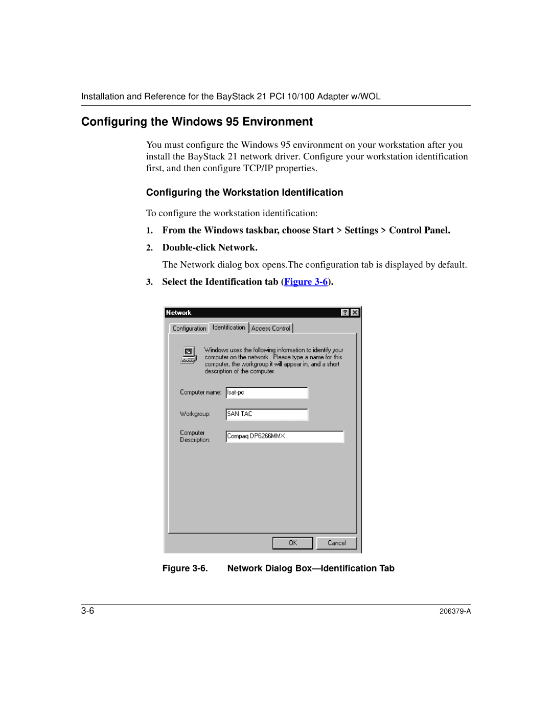 Nortel Networks 21 PCI 10/100, W/WOL Configuring the Windows 95 Environment, Configuring the Workstation Identification 