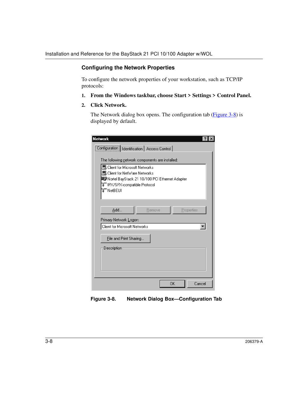 Nortel Networks 21 PCI 10/100, W/WOL manual Configuring the Network Properties, Network Dialog Box-Configuration Tab 