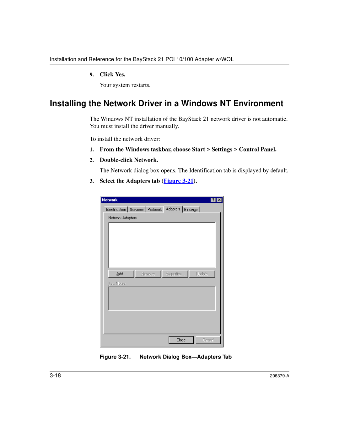 Nortel Networks 21 PCI 10/100 Installing the Network Driver in a Windows NT Environment, Select the Adapters tab Figure 