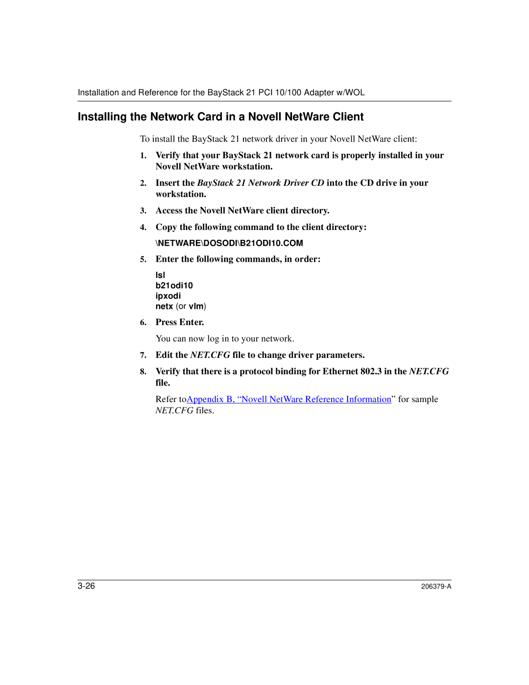 Nortel Networks 21 PCI 10/100, W/WOL manual Installing the Network Card in a Novell NetWare Client 