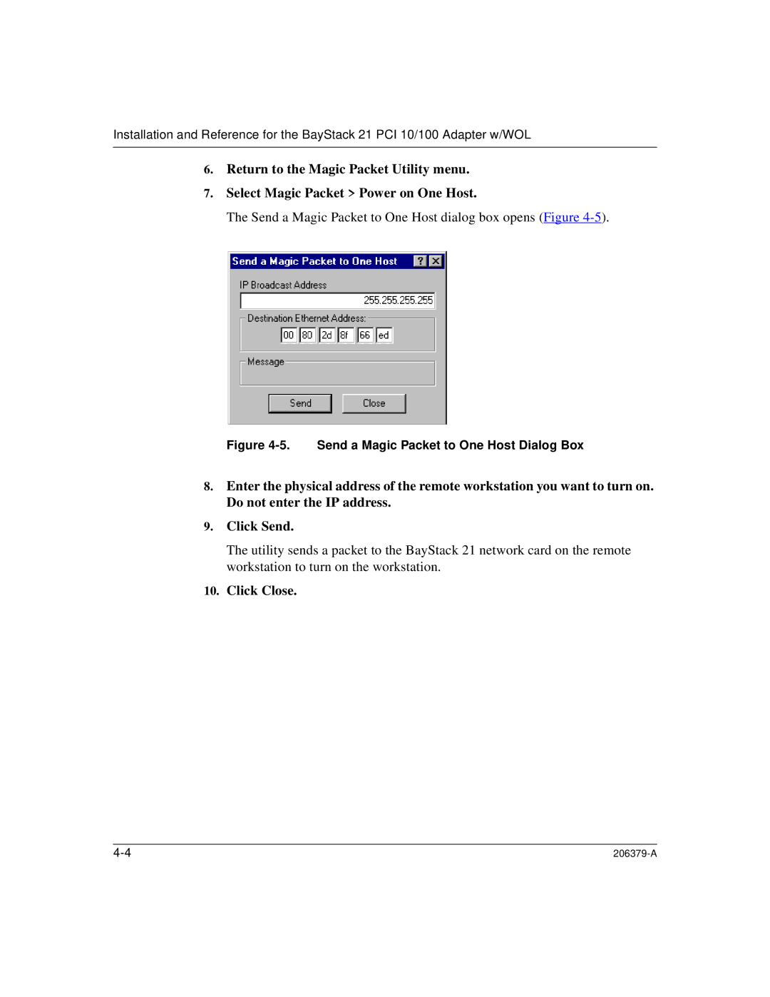 Nortel Networks 21 PCI 10/100, W/WOL manual Send a Magic Packet to One Host dialog box opens Figure 