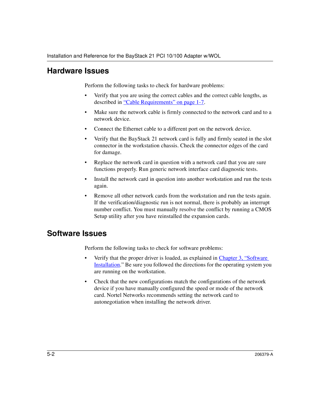 Nortel Networks 21 PCI 10/100, W/WOL manual Hardware Issues, Software Issues 