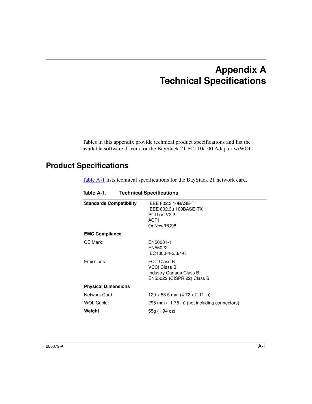 Nortel Networks W/WOL, 21 PCI 10/100 manual Appendix a Technical Specifications, Product Specifications 