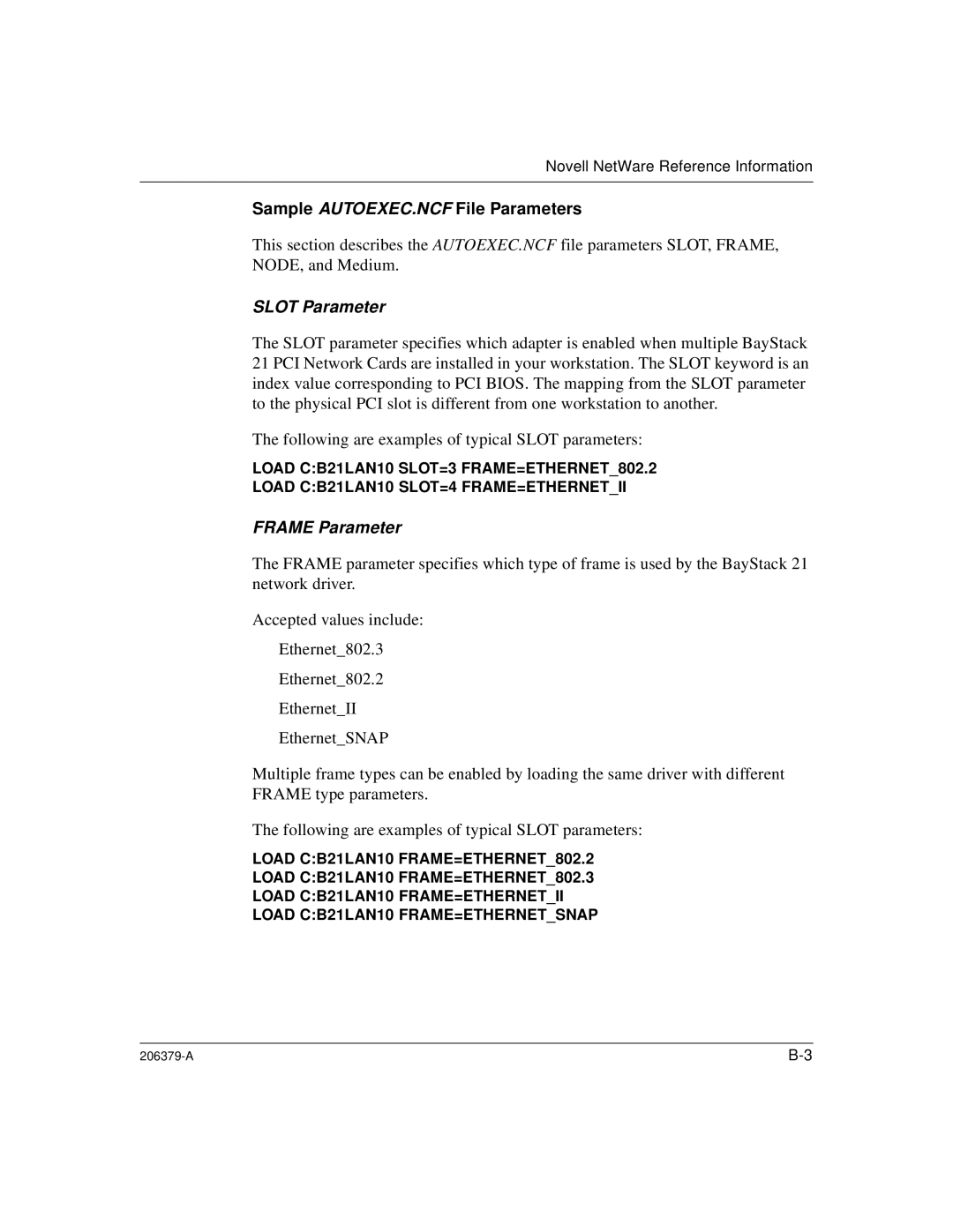 Nortel Networks W/WOL, 21 PCI 10/100 manual Sample AUTOEXEC.NCF File Parameters, Slot Parameter 