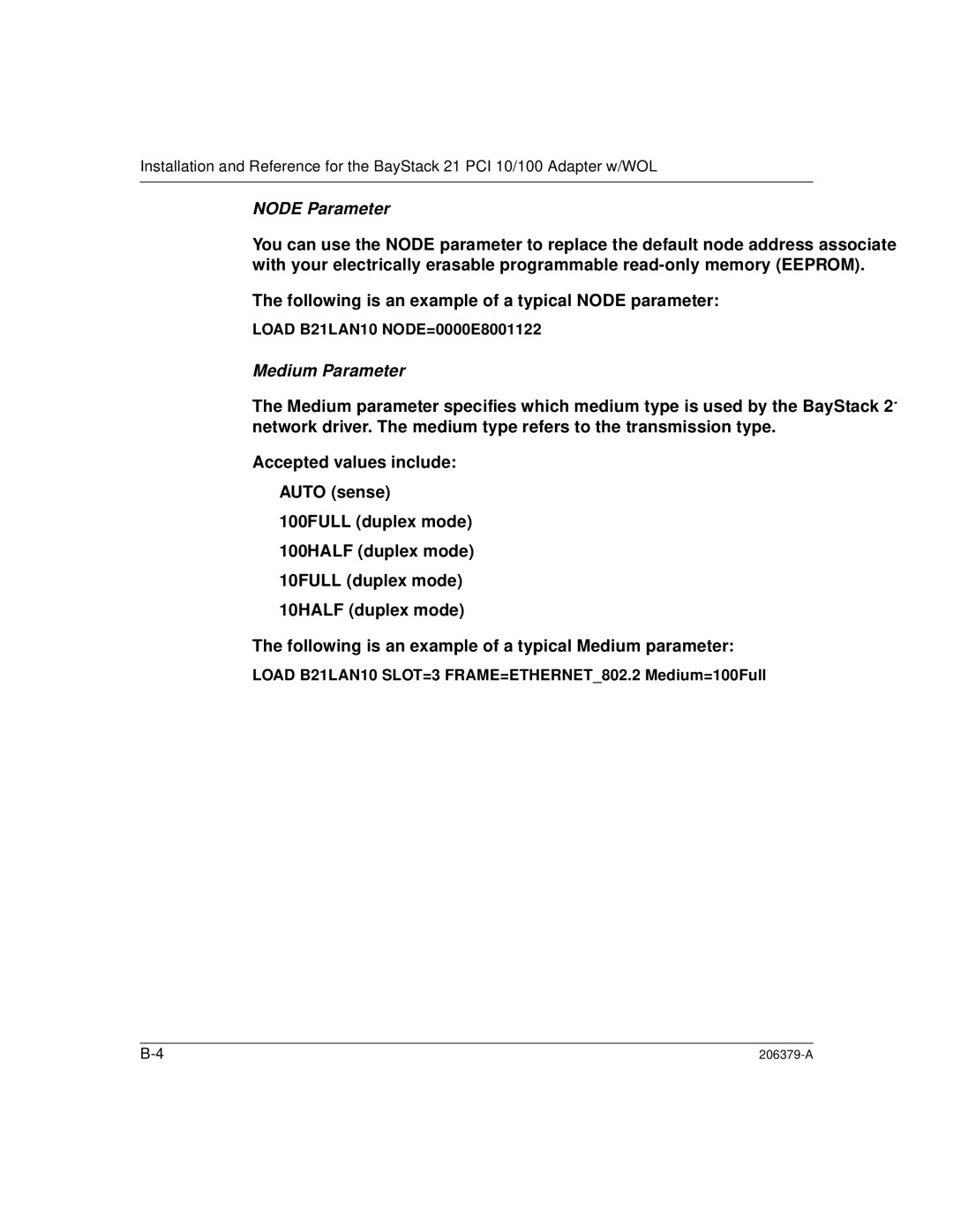 Nortel Networks 21 PCI 10/100, W/WOL manual Node Parameter 