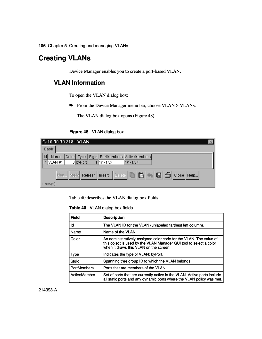 Nortel Networks 214393-A manual Creating VLANs, VLAN Information, 106Chapter 5 Creating and managing VLANs, VLAN dialog box 