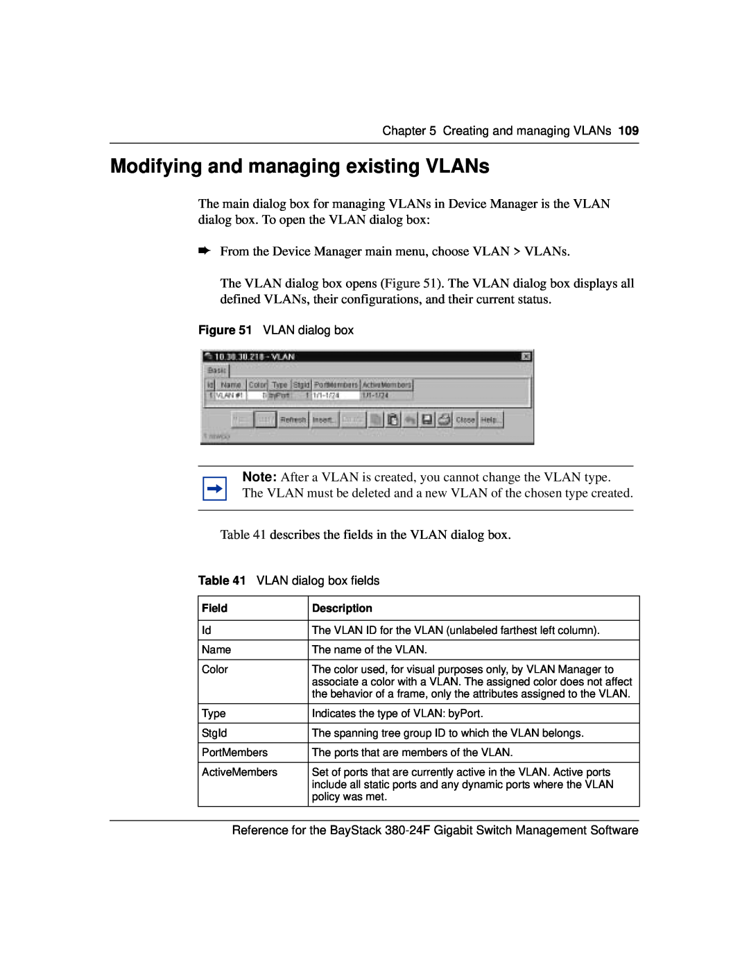 Nortel Networks 214393-A manual Modifying and managing existing VLANs, Creating and managing VLANs, VLAN dialog box 