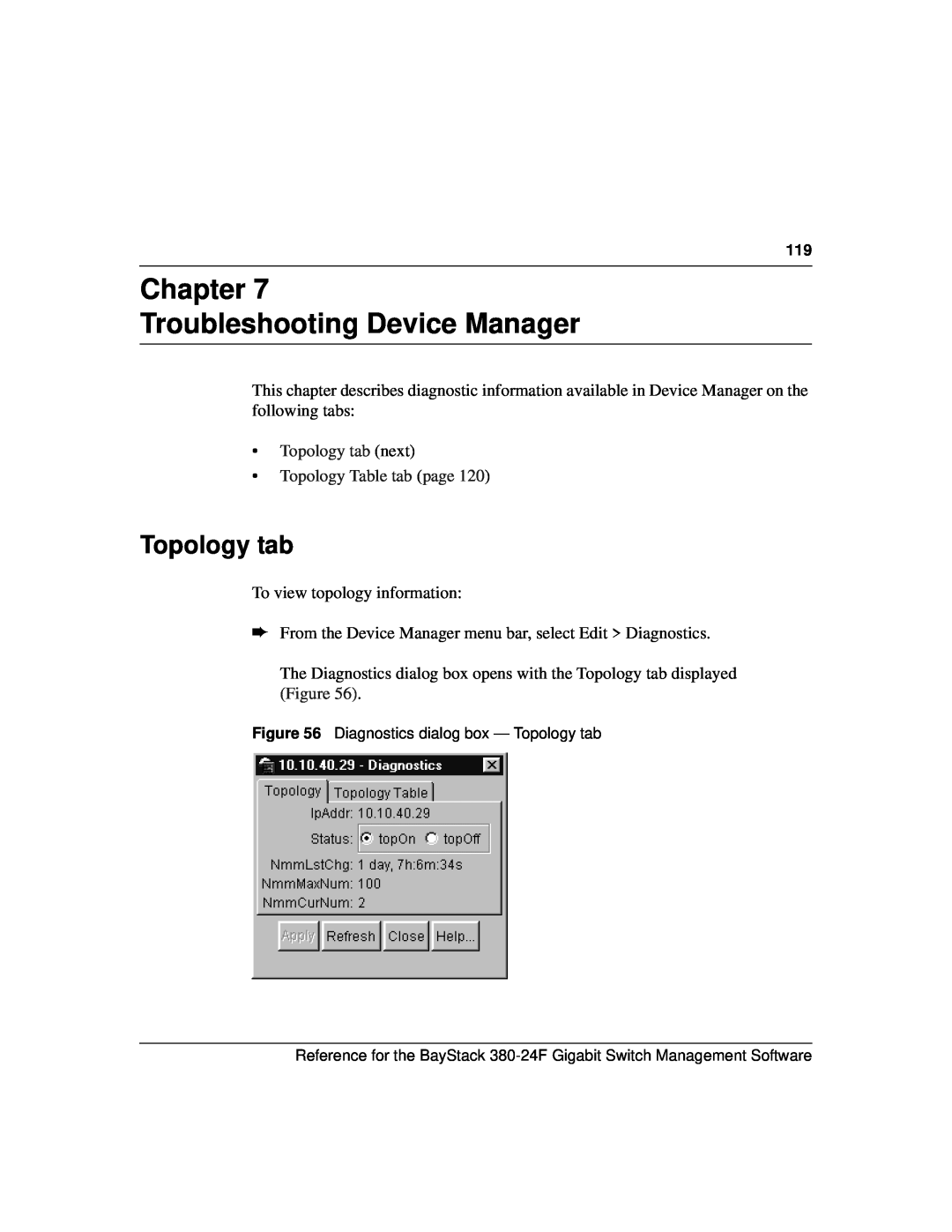 Nortel Networks 214393-A manual Chapter Troubleshooting Device Manager, Topology tab next Topology Table tab page 