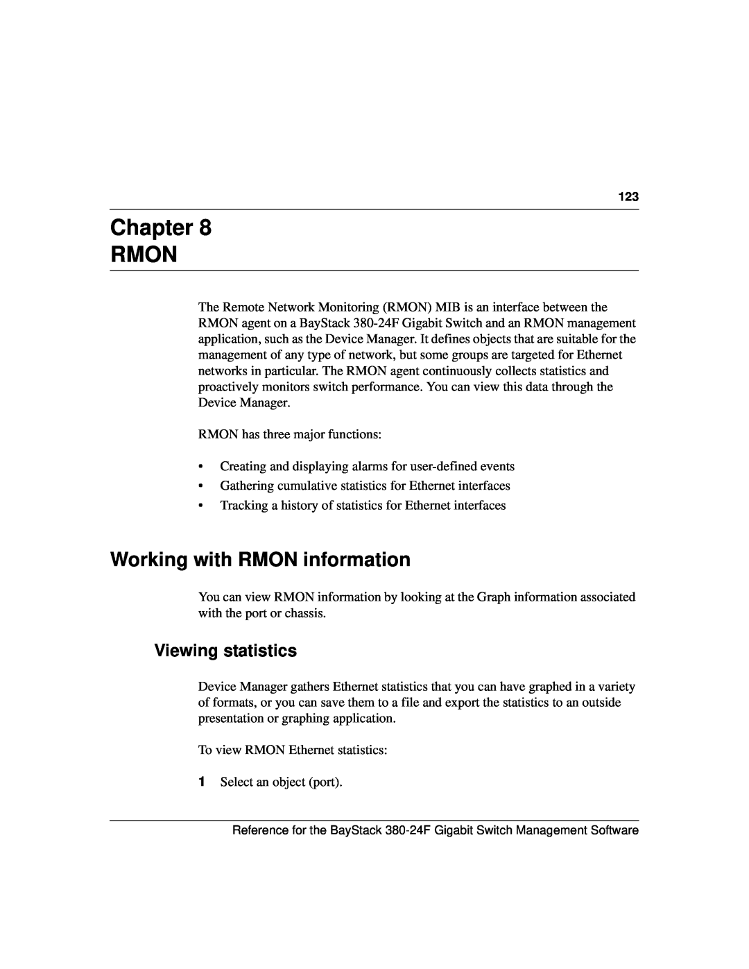 Nortel Networks 214393-A manual Chapter RMON, Working with RMON information, Viewing statistics 