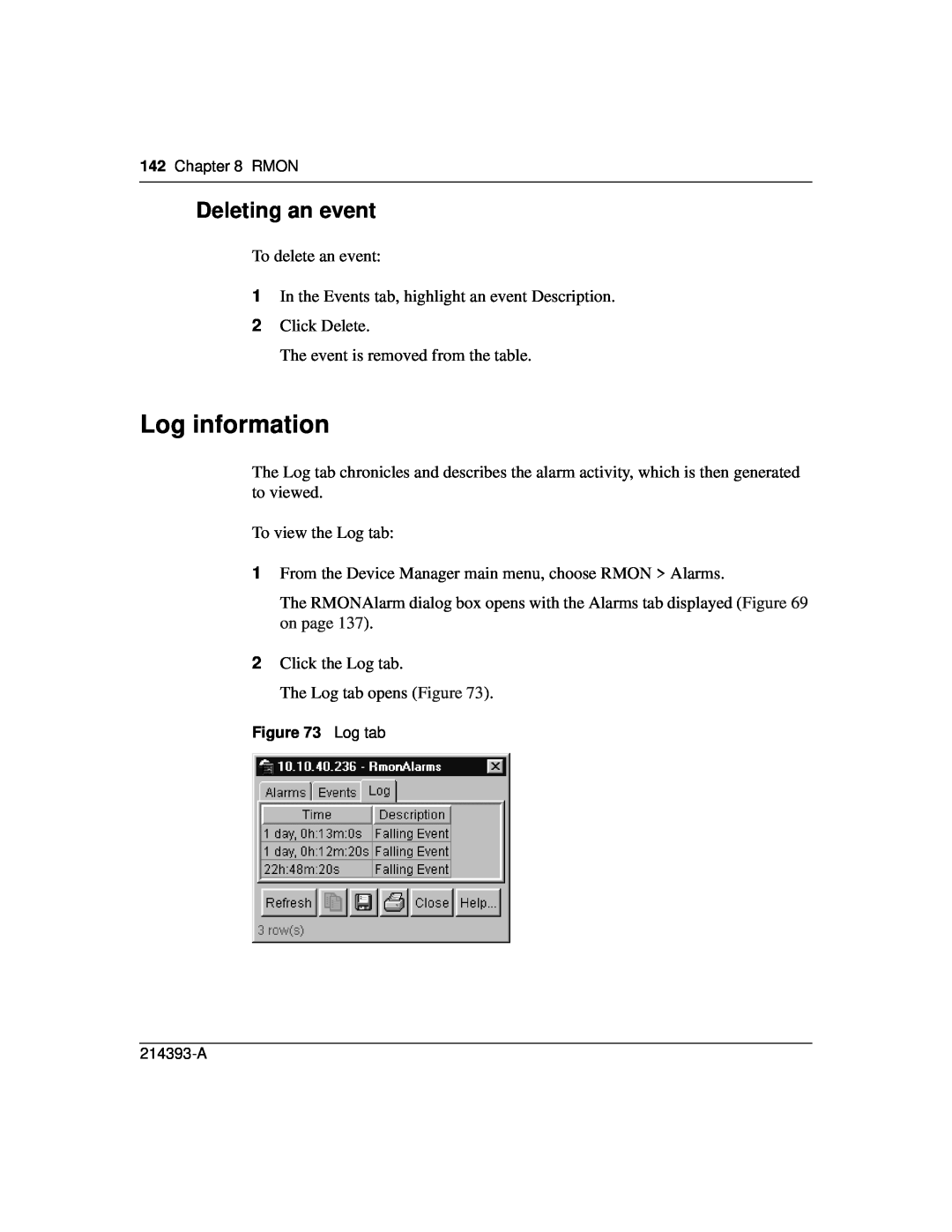 Nortel Networks 214393-A manual Log information, Deleting an event 