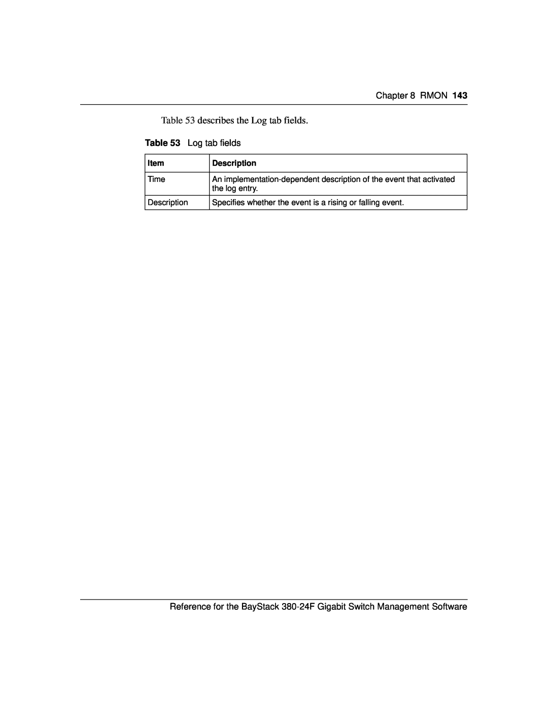 Nortel Networks 214393-A manual describes the Log tab fields, Rmon, Description 