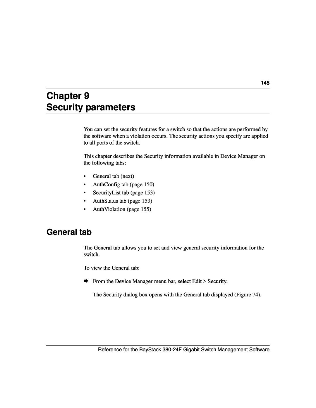 Nortel Networks 214393-A manual Chapter Security parameters, General tab 