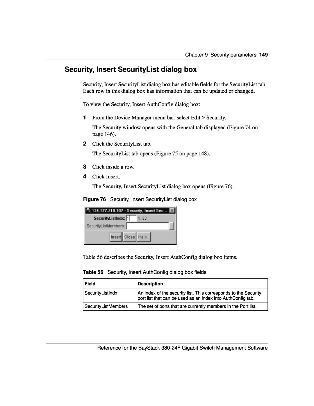 Nortel Networks 214393-A manual Security, Insert SecurityList dialog box 