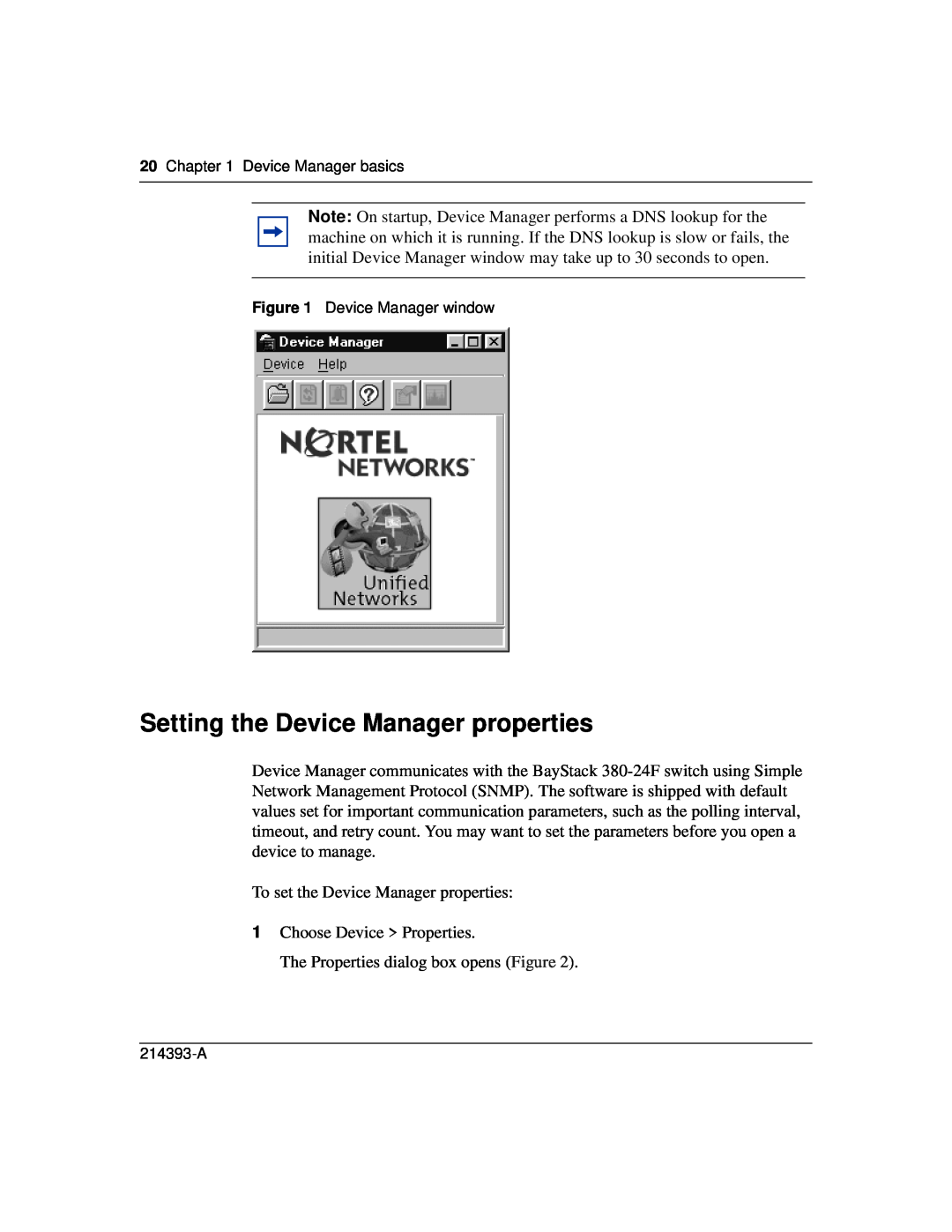Nortel Networks 214393-A manual Setting the Device Manager properties 