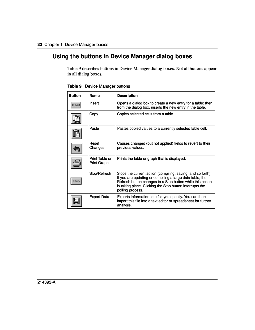 Nortel Networks 214393-A Using the buttons in Device Manager dialog boxes, 32Chapter 1 Device Manager basics, Button, Name 