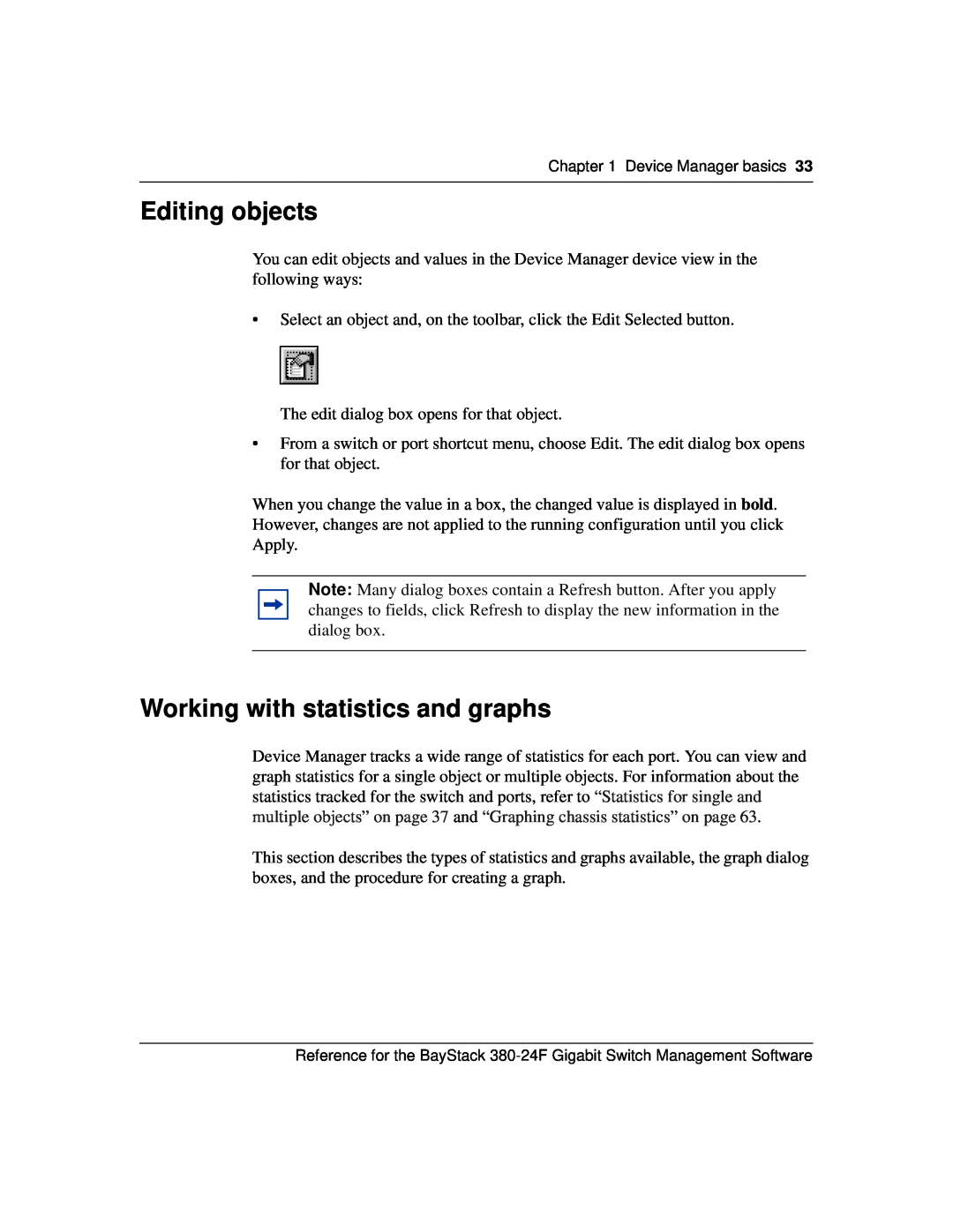 Nortel Networks 214393-A manual Editing objects, Working with statistics and graphs 
