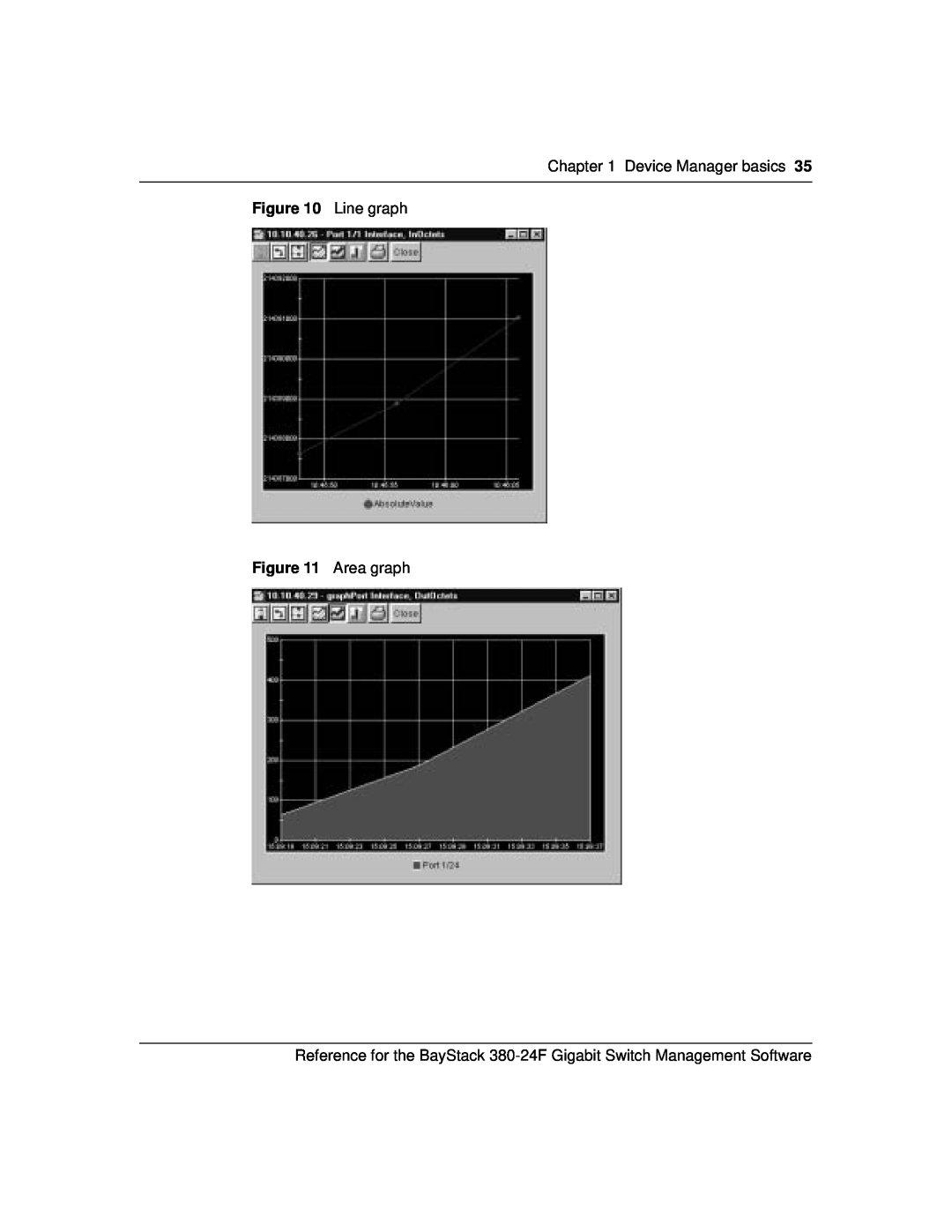Nortel Networks 214393-A manual Device Manager basics, Line graph Area graph 