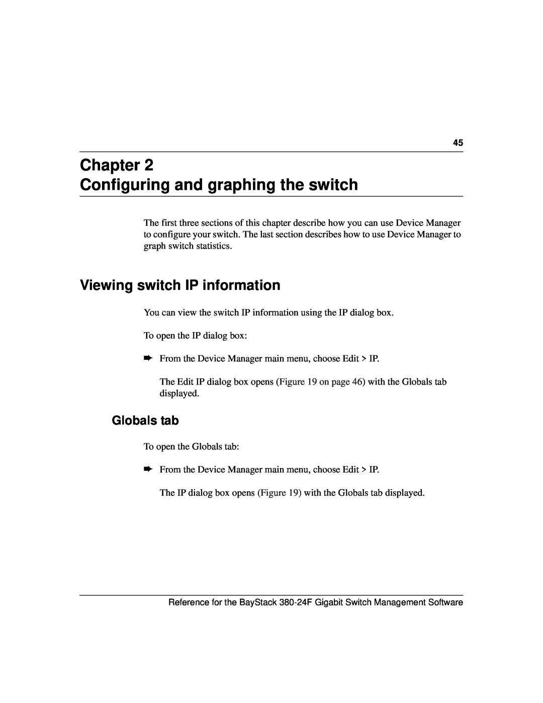 Nortel Networks 214393-A manual Chapter Configuring and graphing the switch, Viewing switch IP information, Globals tab 