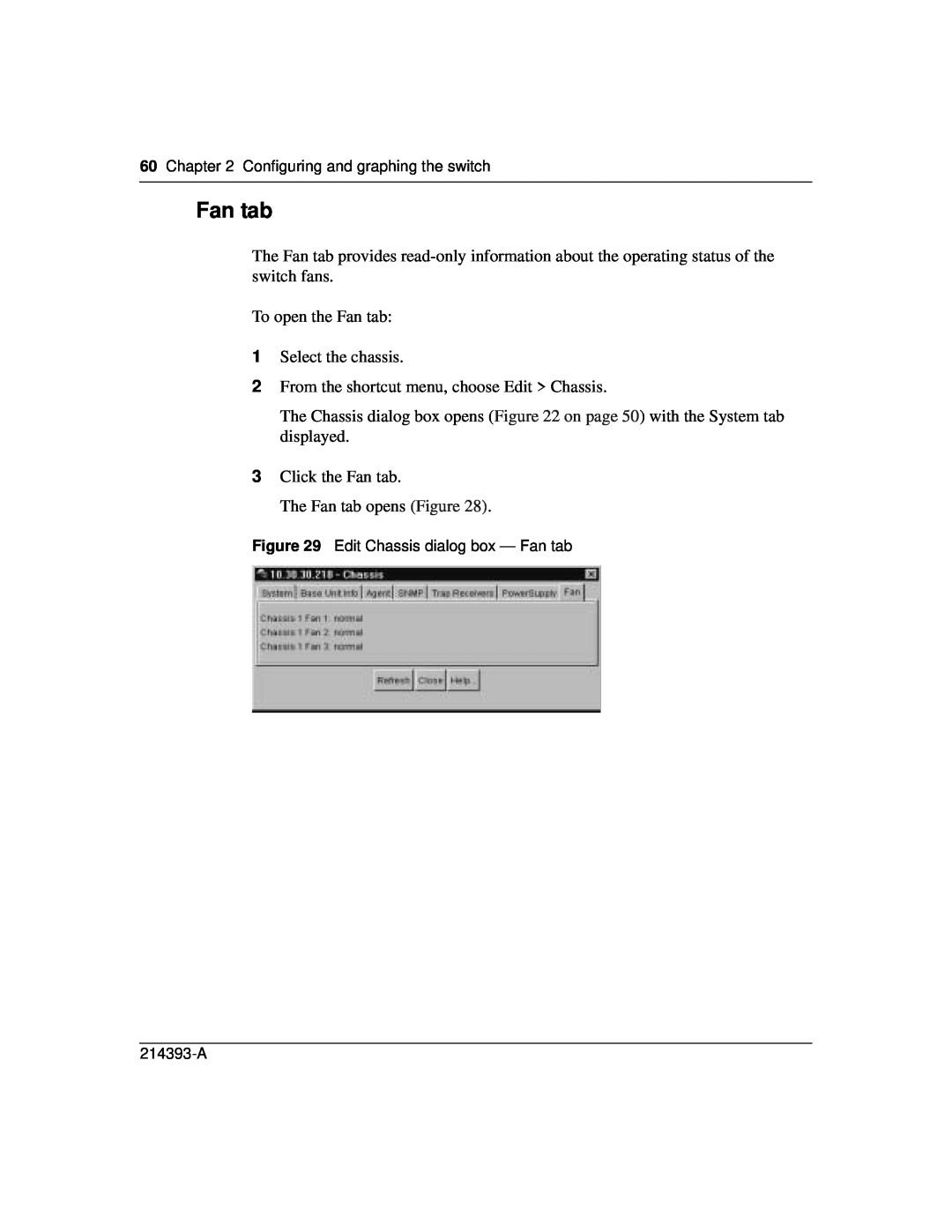 Nortel Networks 214393-A manual To open the Fan tab 1Select the chassis, 2From the shortcut menu, choose Edit Chassis 