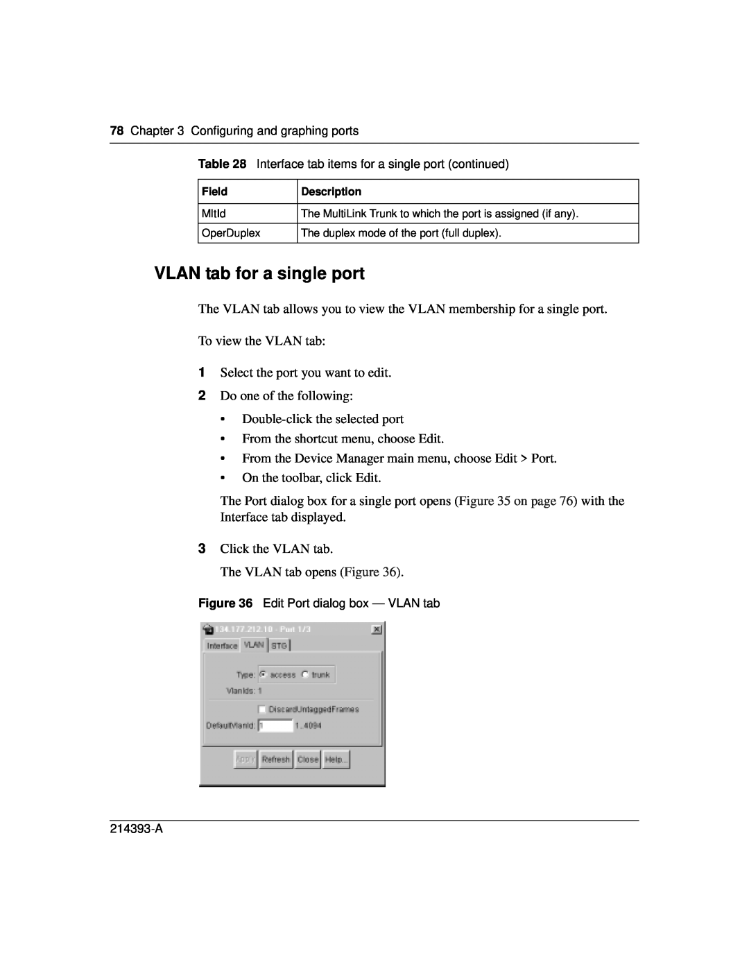 Nortel Networks 214393-A manual VLAN tab for a single port 