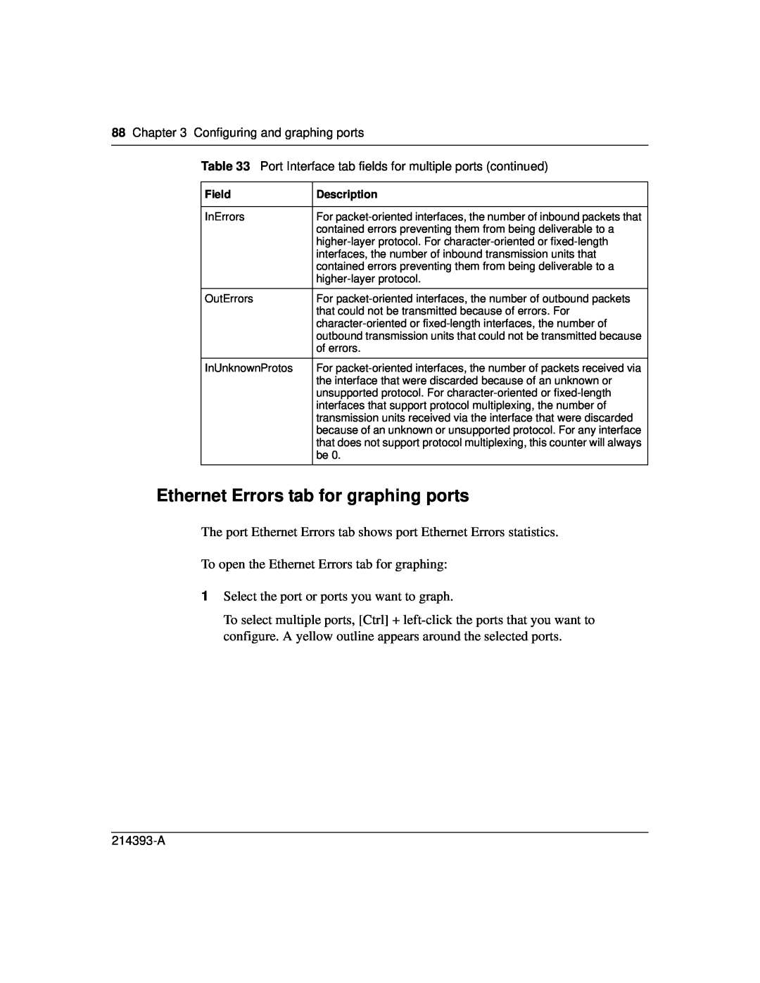 Nortel Networks 214393-A manual Ethernet Errors tab for graphing ports, 88Chapter 3 Configuring and graphing ports, Field 