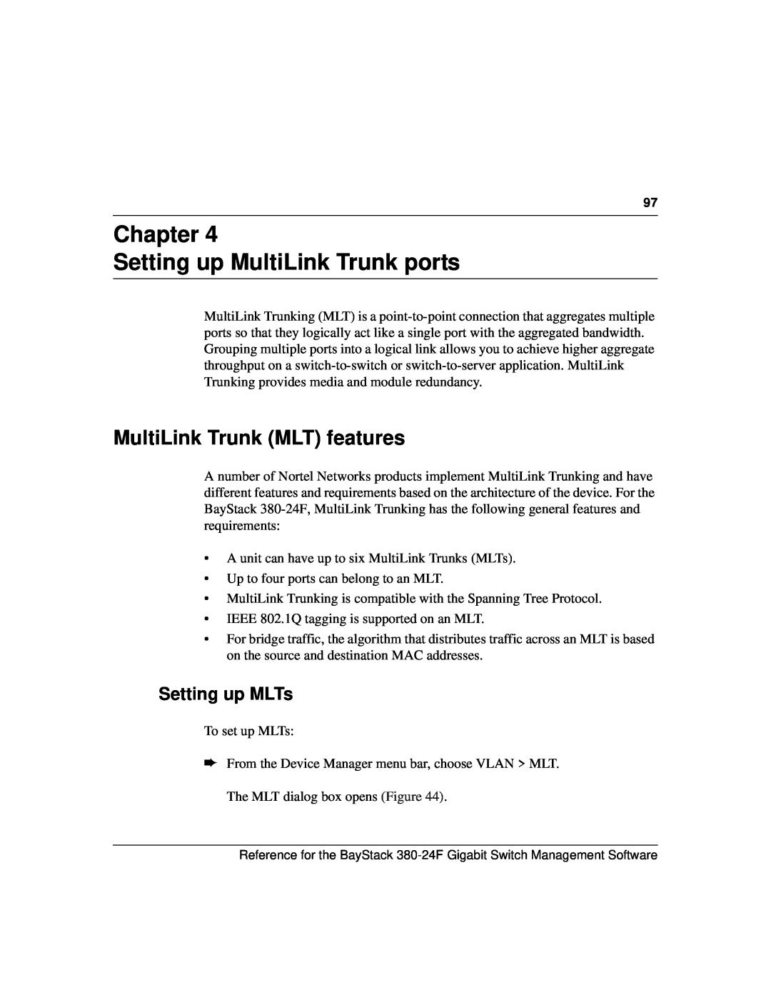 Nortel Networks 214393-A manual Chapter Setting up MultiLink Trunk ports, MultiLink Trunk MLT features, Setting up MLTs 