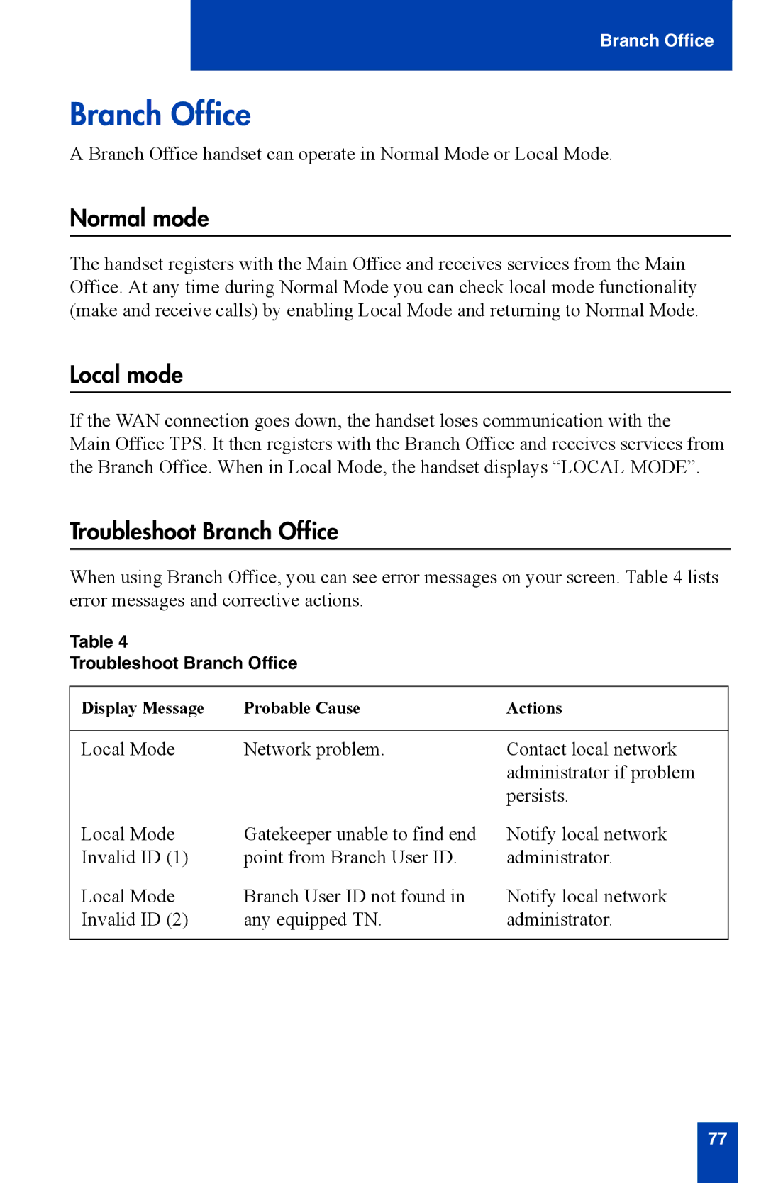 Nortel Networks 2210 manual Normal mode, Local mode, Troubleshoot Branch Office 