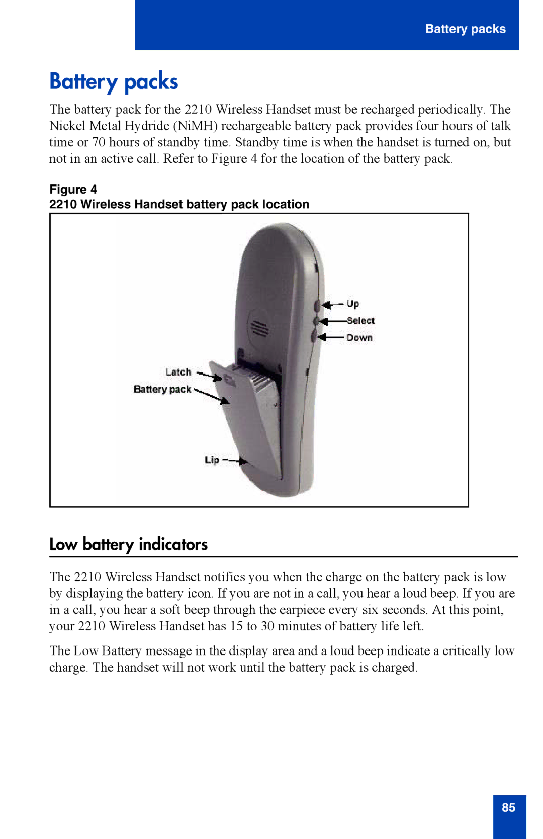 Nortel Networks 2210 manual Battery packs, Low battery indicators 