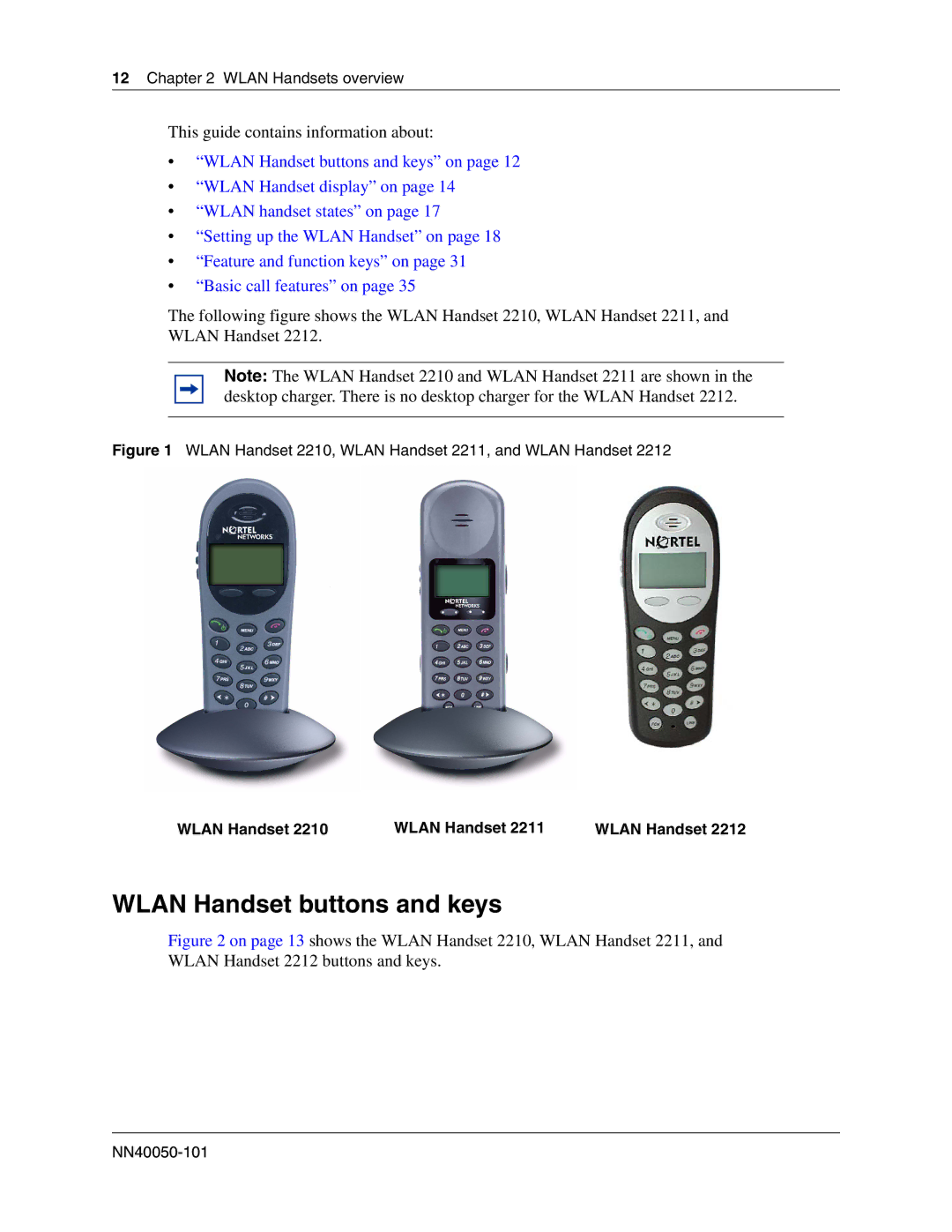 Nortel Networks 2212, 2211, 2210 manual Wlan Handset buttons and keys, Wlan Handsets overview 