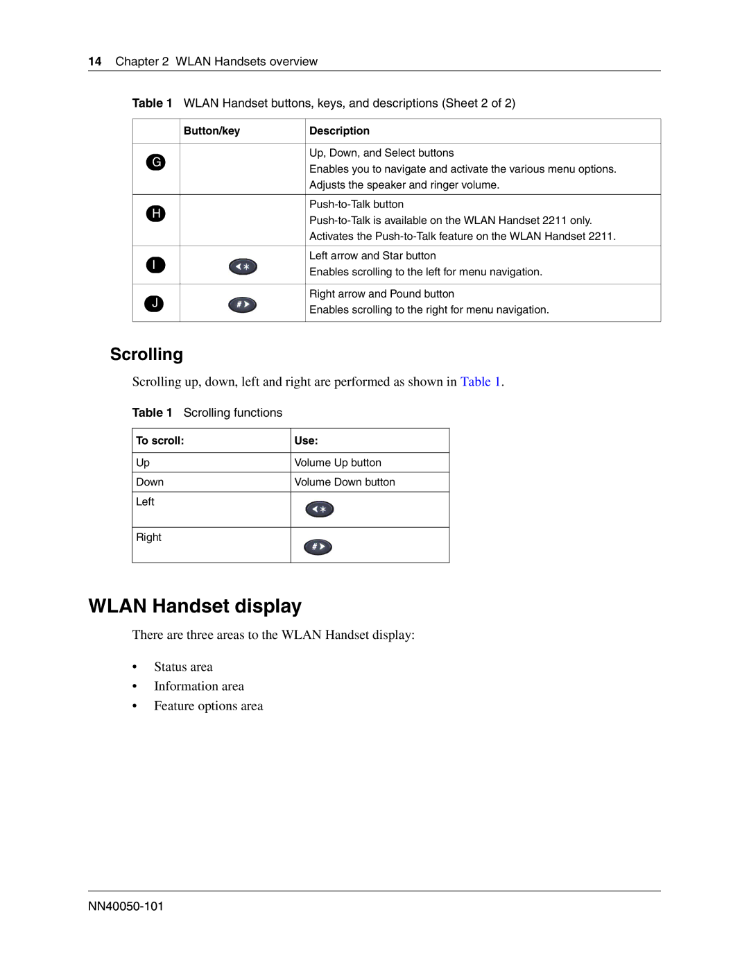 Nortel Networks 2210, 2212, 2211 manual Wlan Handset display, Scrolling functions 