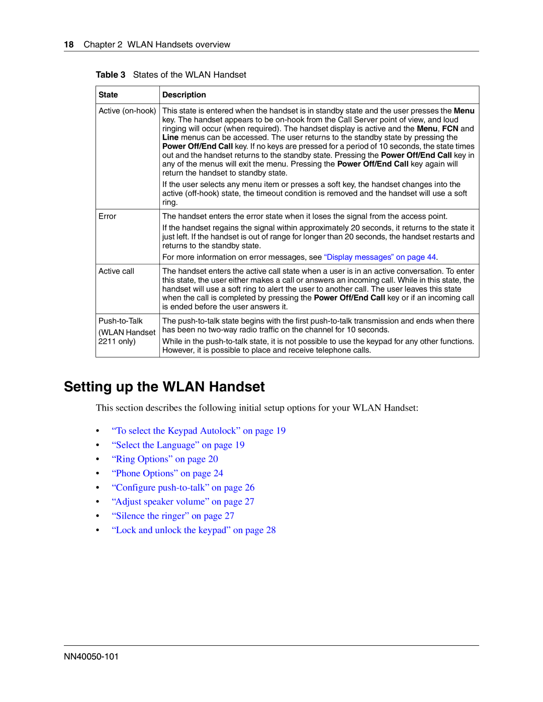 Nortel Networks 2212, 2211, 2210 manual Setting up the Wlan Handset, Wlan Handsets overview States of the Wlan Handset 